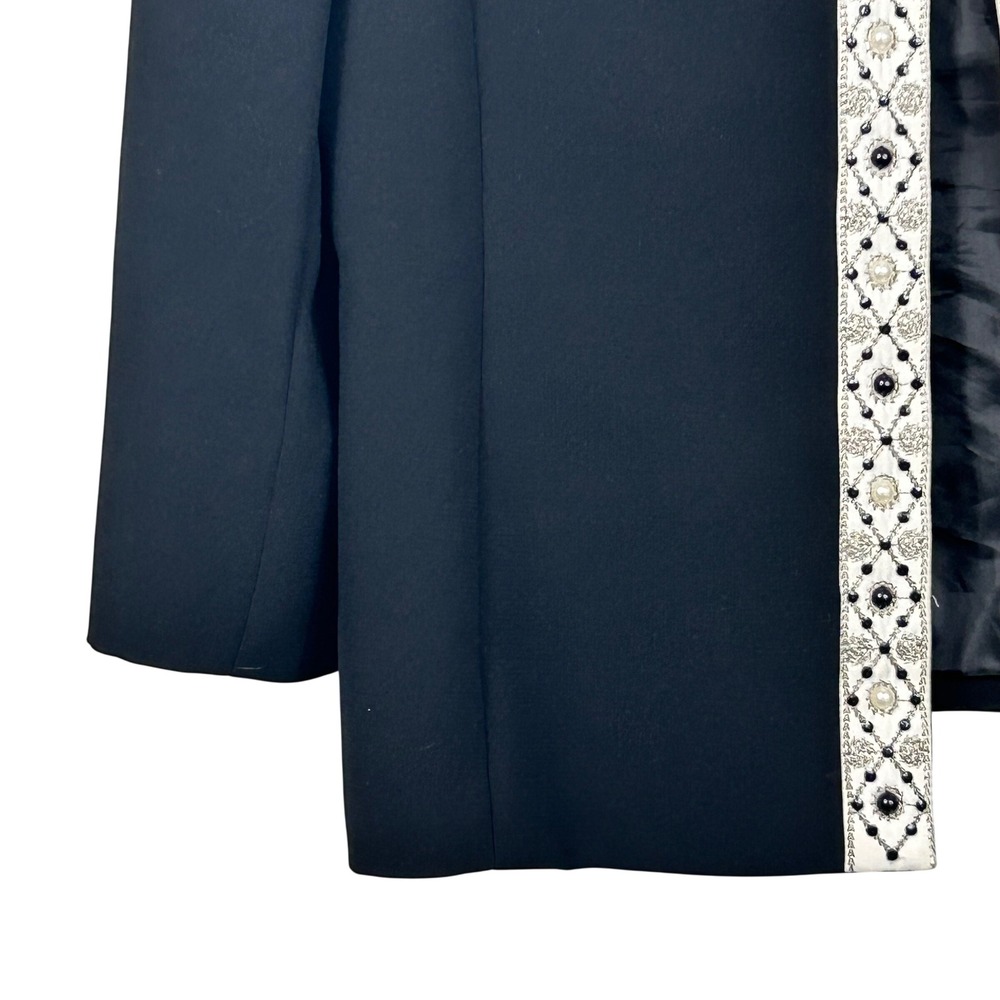 Tahari Blazer Women 14 Black Beaded Pearl Trim Collarless Open Front Jacket - Picture 8 of 10